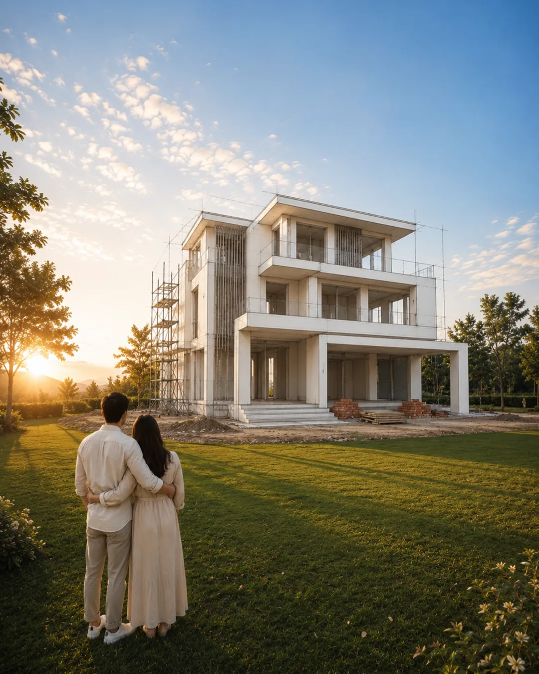 Couple looking at a modern home under construction at golden hour