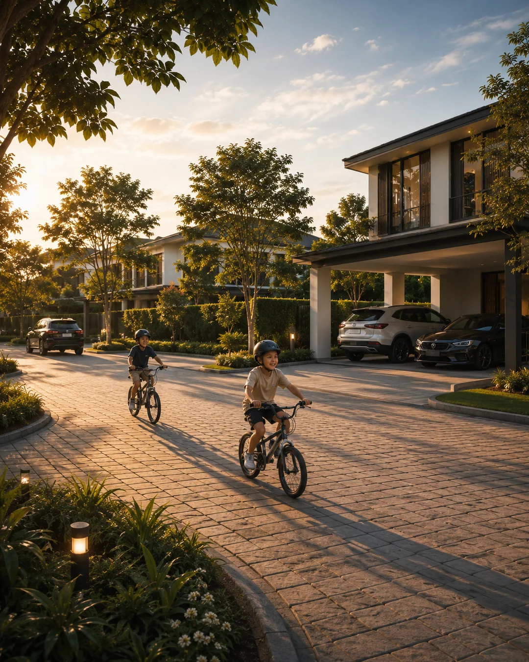 Children riding bikes on a quiet neighbourhood street at dusk